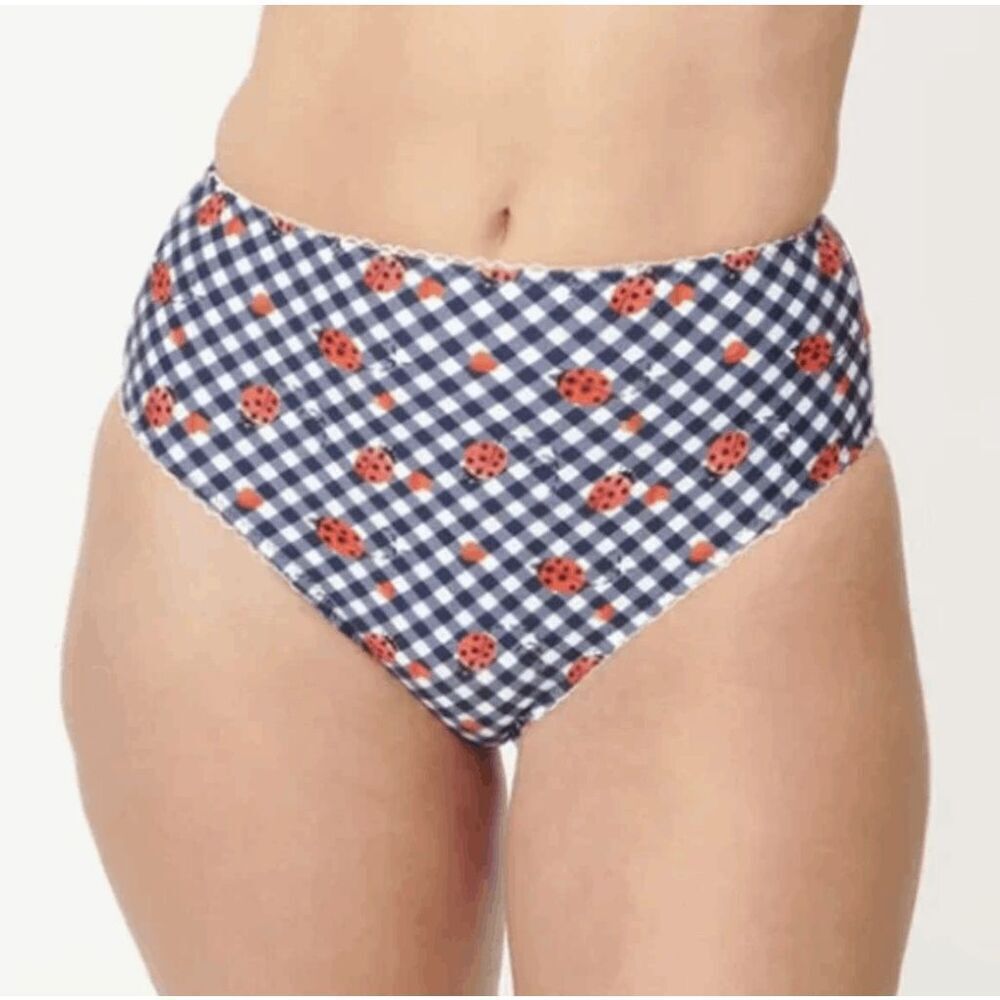 Unique Vintage Louise Swim Bottoms | S | Navy Gingham | Ladybug | High Waist |